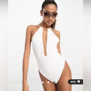 ASOS DESIGN gold necklace trim plunge swimsuit in white Sz 8